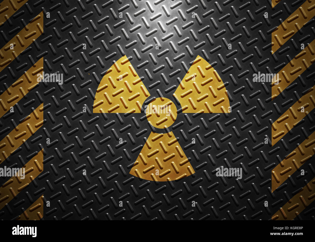 Abstrakte graue Blech Textur mit gelb Vorsicht Band und Strahlung Warnzeichen, Material Design für Hintergrund, Grafik Design Stockfoto