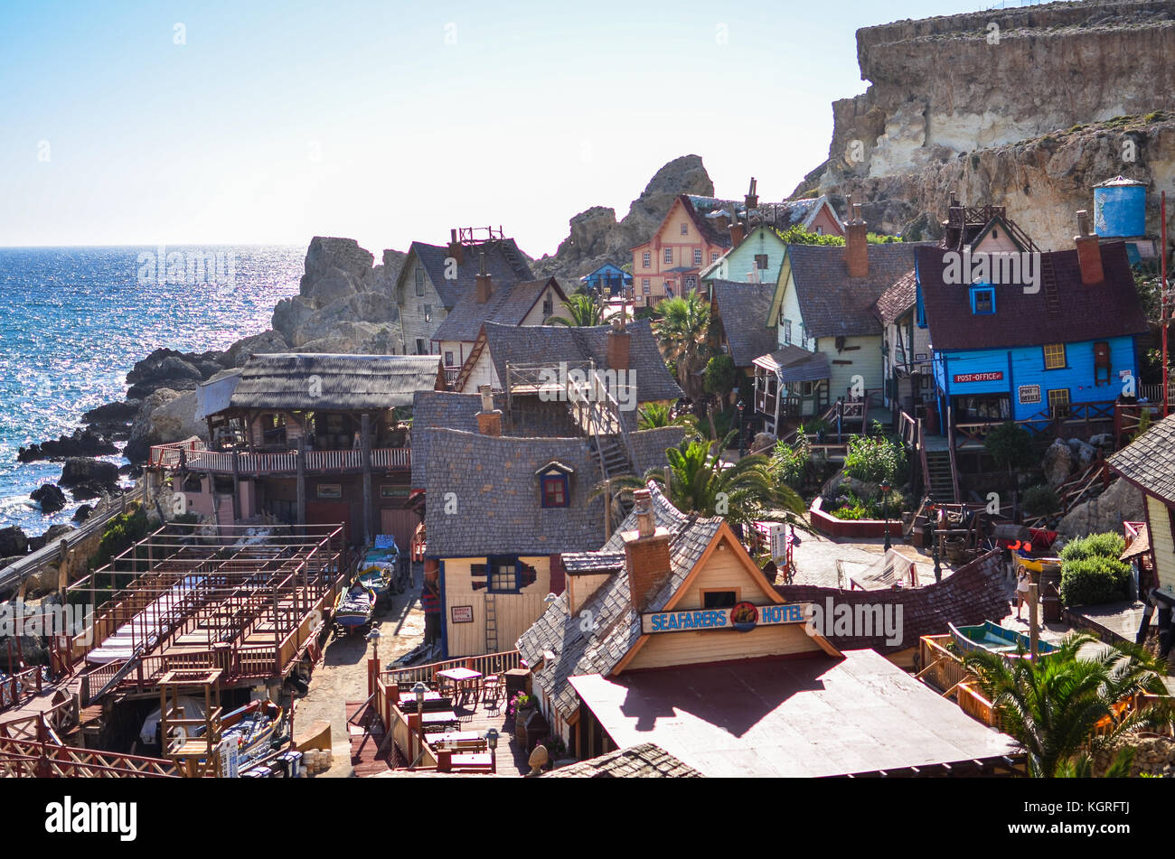 Popeye Village vom Mittelmeer, Malta Stockfoto