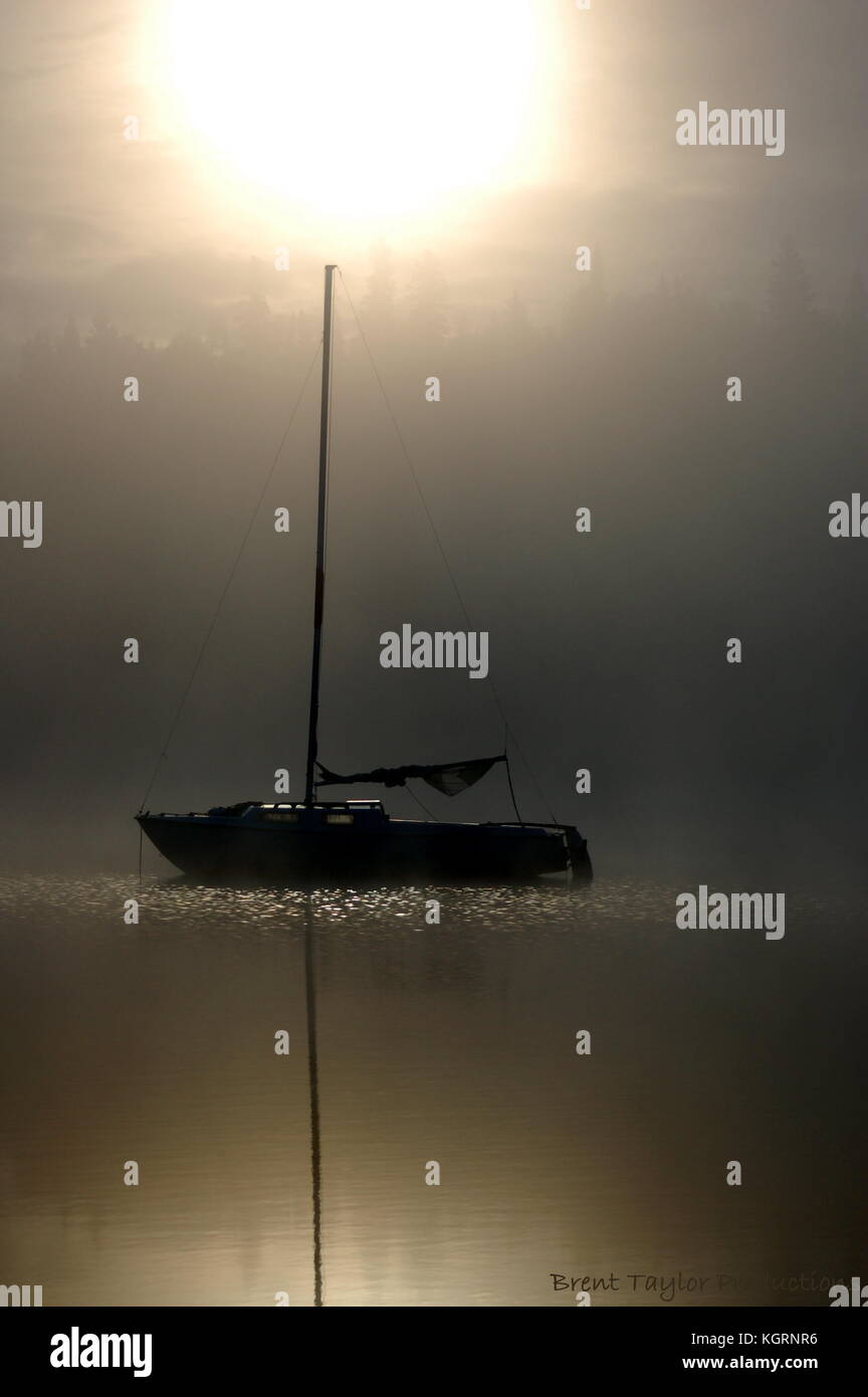 Ein einsames Segelboot schwimmt im Morgennebel/Nebel auf Christiansen See in der Nähe von Talkeetna, ak Stockfoto