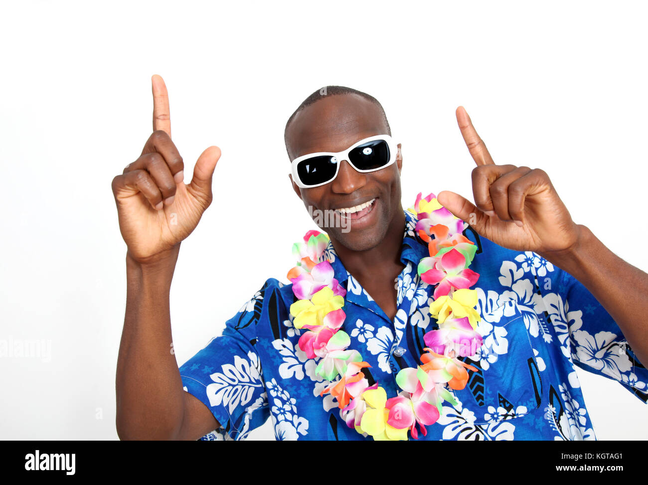 Portrait von Happy lustiger Kerl mit Hawaiian Shirt Stockfoto