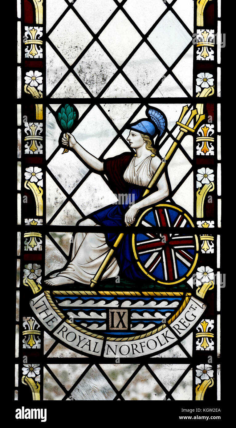 Das Royal Norfolk Regiment emblem Glasmalerei, die Kirche St. Michael, Munslow, Shropshire, England, Großbritannien Stockfoto