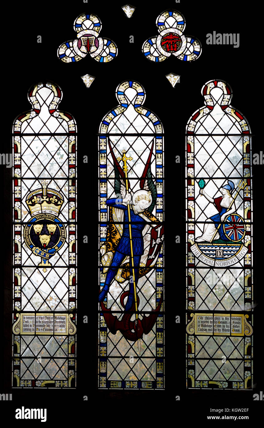 Memorial Fenster in die Kirche St. Michael, Munslow, Shropshire, England, Großbritannien Stockfoto