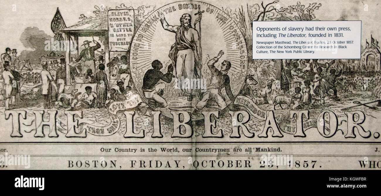 Abdeckung der Zeitung "Der Befreier", Boston, 23. Oktober 1857. Die Liberty Bell Center. Philadelphia. Pennsylvania. USA. Stockfoto