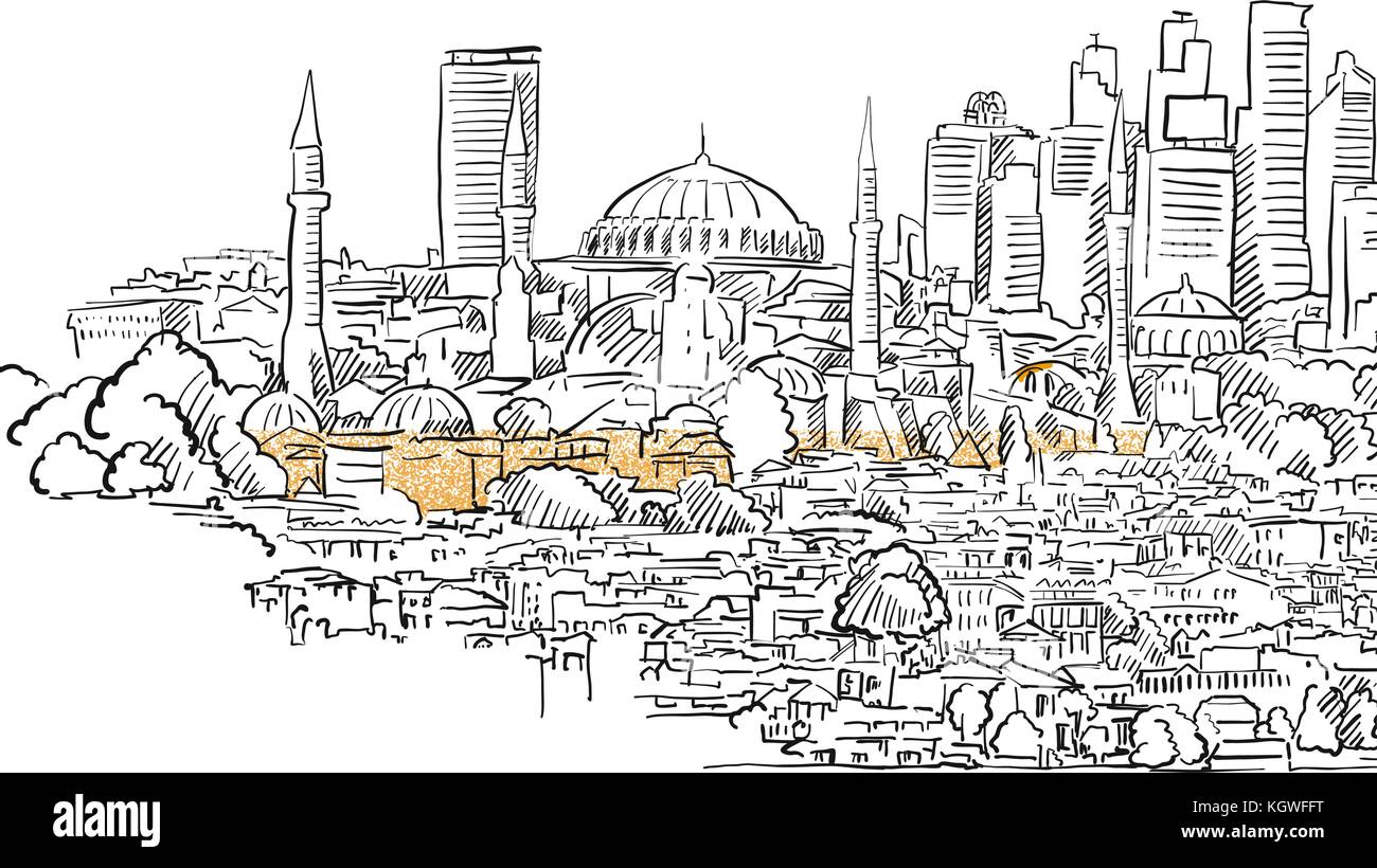 Moderne und alte Istanbul panorama Zeichnung. Hand historischer Grenzstein gezogen. Berühmte Reiseziel. Vektorgrafiken Skizze. Stock Vektor