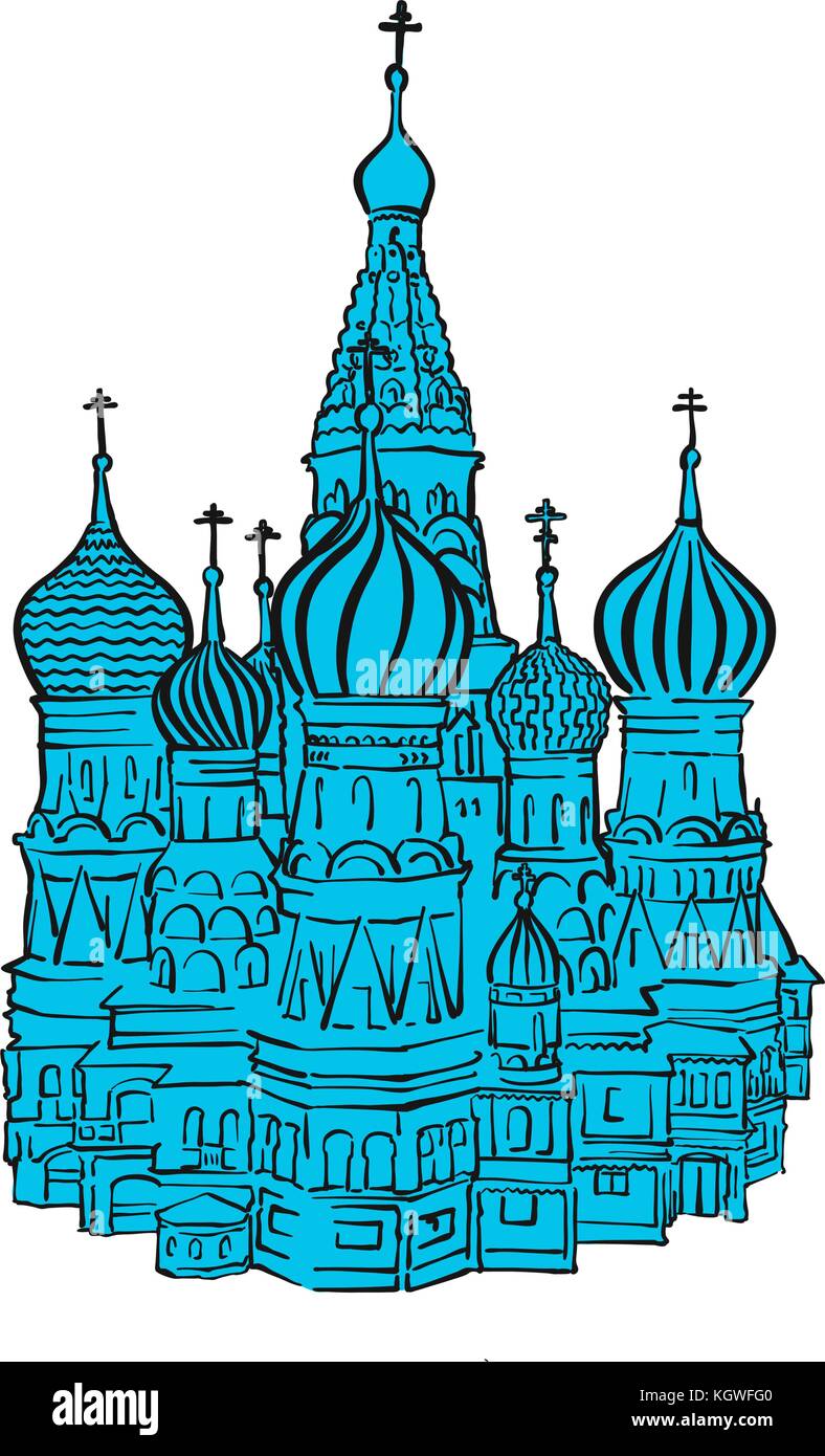 Der Moskauer Kreml Abbildung mit farbigen Backplate. Hand historischer Grenzstein gezogen. Berühmte Reiseziel. Vektorgrafiken Skizze. Stock Vektor