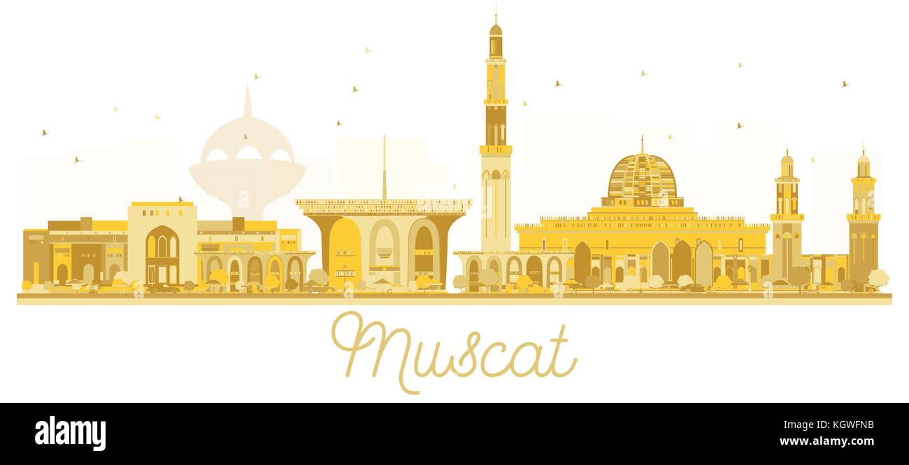 Muscat Oman Skyline der Stadt goldene Silhouette. Vector Illustration. Stadtbild mit Referenzmarken Stock Vektor