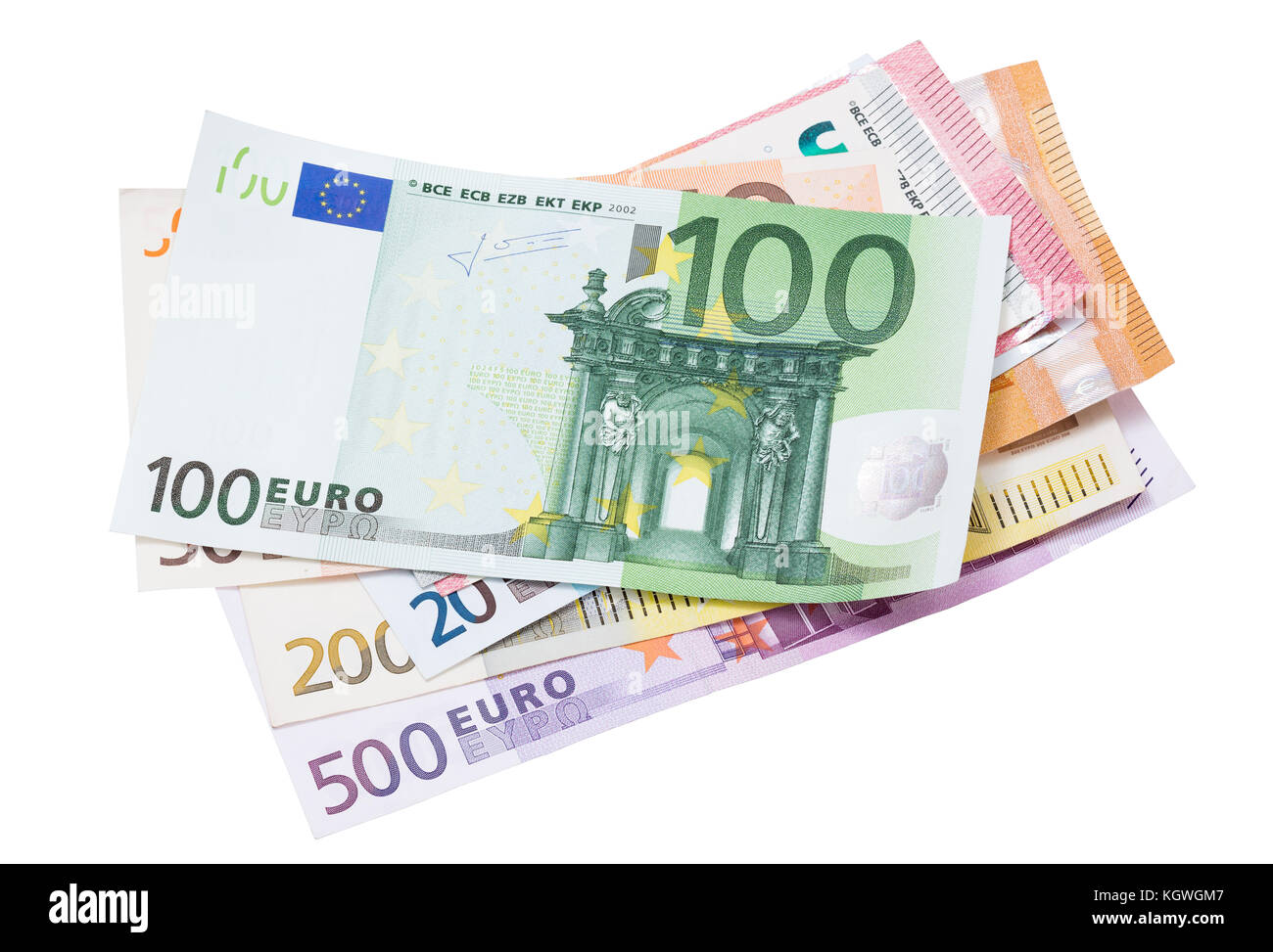 Euro-banknoten auf weißem Hintergrund. Stockfoto