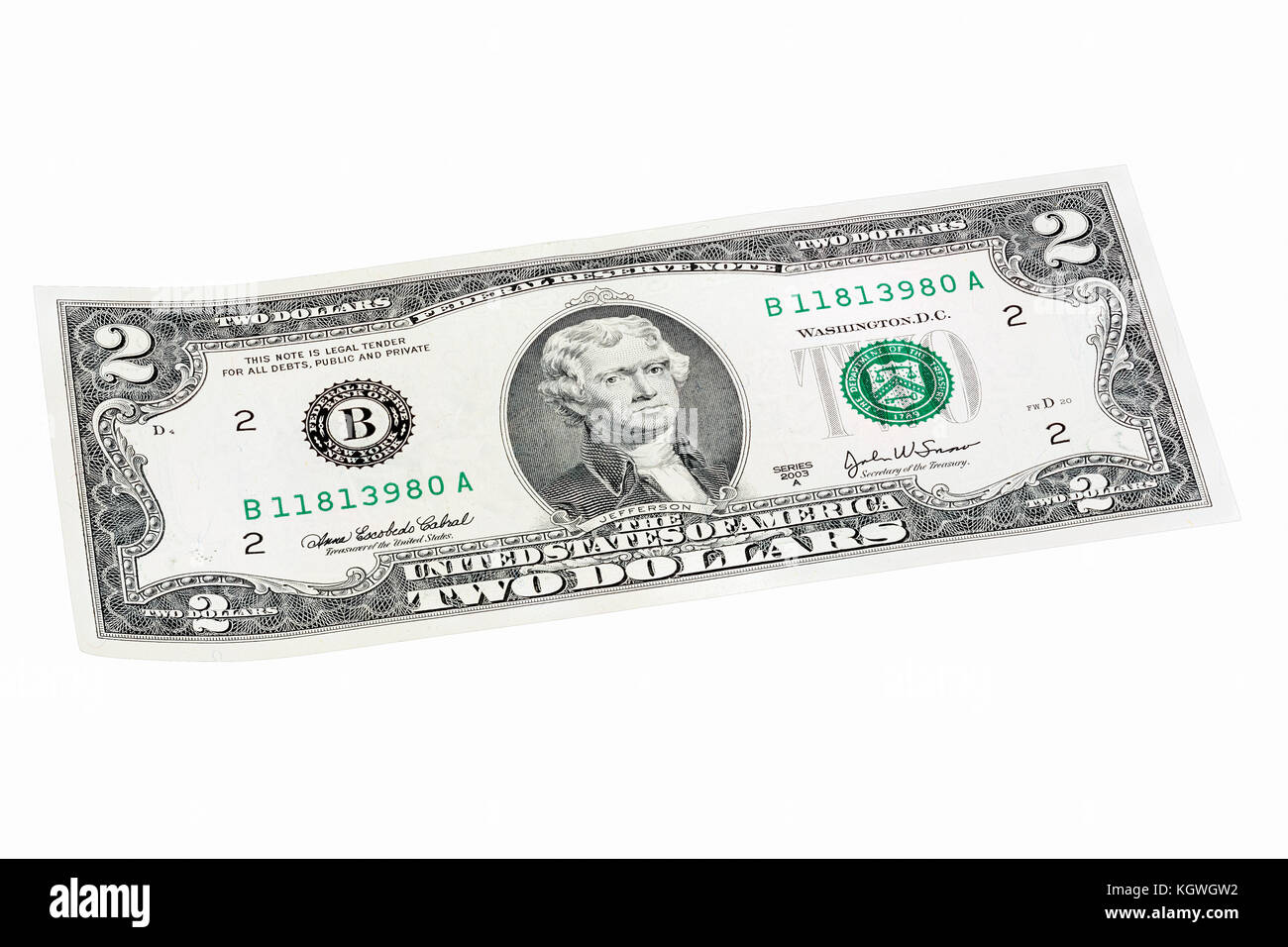 Usa 2 Dollar Bill einen Winkel Ende gestapelt. Stockfoto