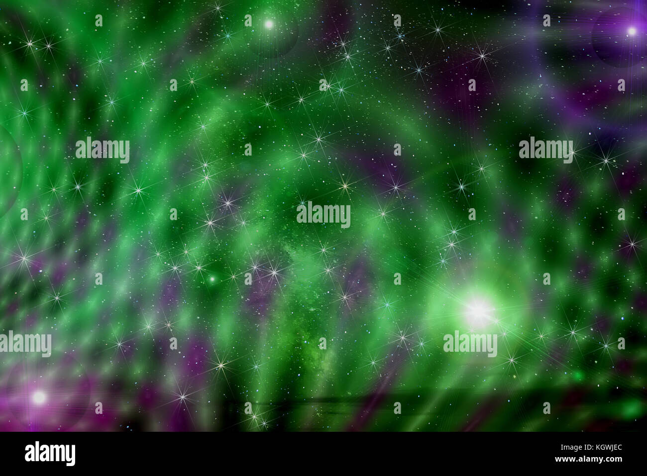 Bunte abstrakt Hintergrund von Deep Space mit Sternen, Nebeln und Star Dust in Schwarz, Grün und Lila Farben Stockfoto