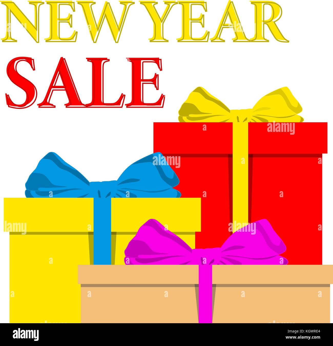Neuere ja Verkauf Plakat mit Haufen bunt verpackte Geschenkboxen und Schleife. Stock Vektor