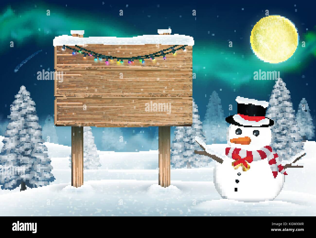 Schneemann und Holz board Anmelden nigth Winter Forest Stock Vektor