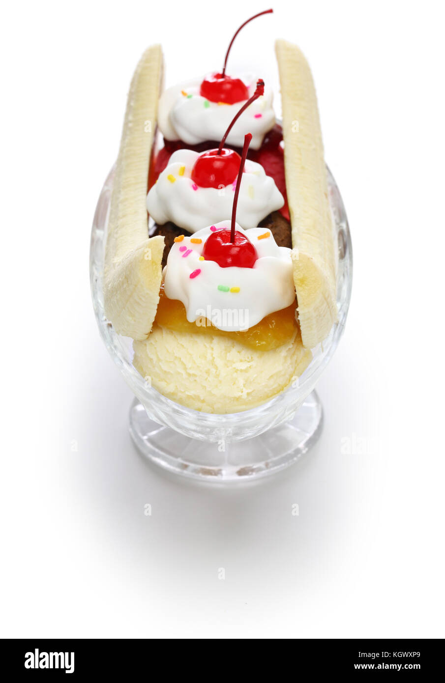 Hausgemachte Banana Split Eisbecher, amerikanische Dessert Stockfoto