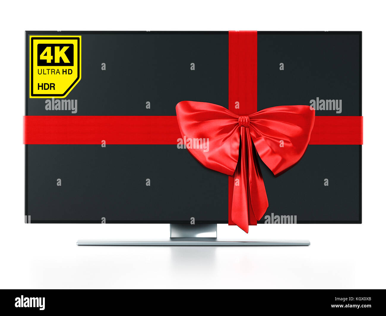 4 k Ultra-HD-TV mit roter Schleife verpackt. 3D-Darstellung. Stockfoto