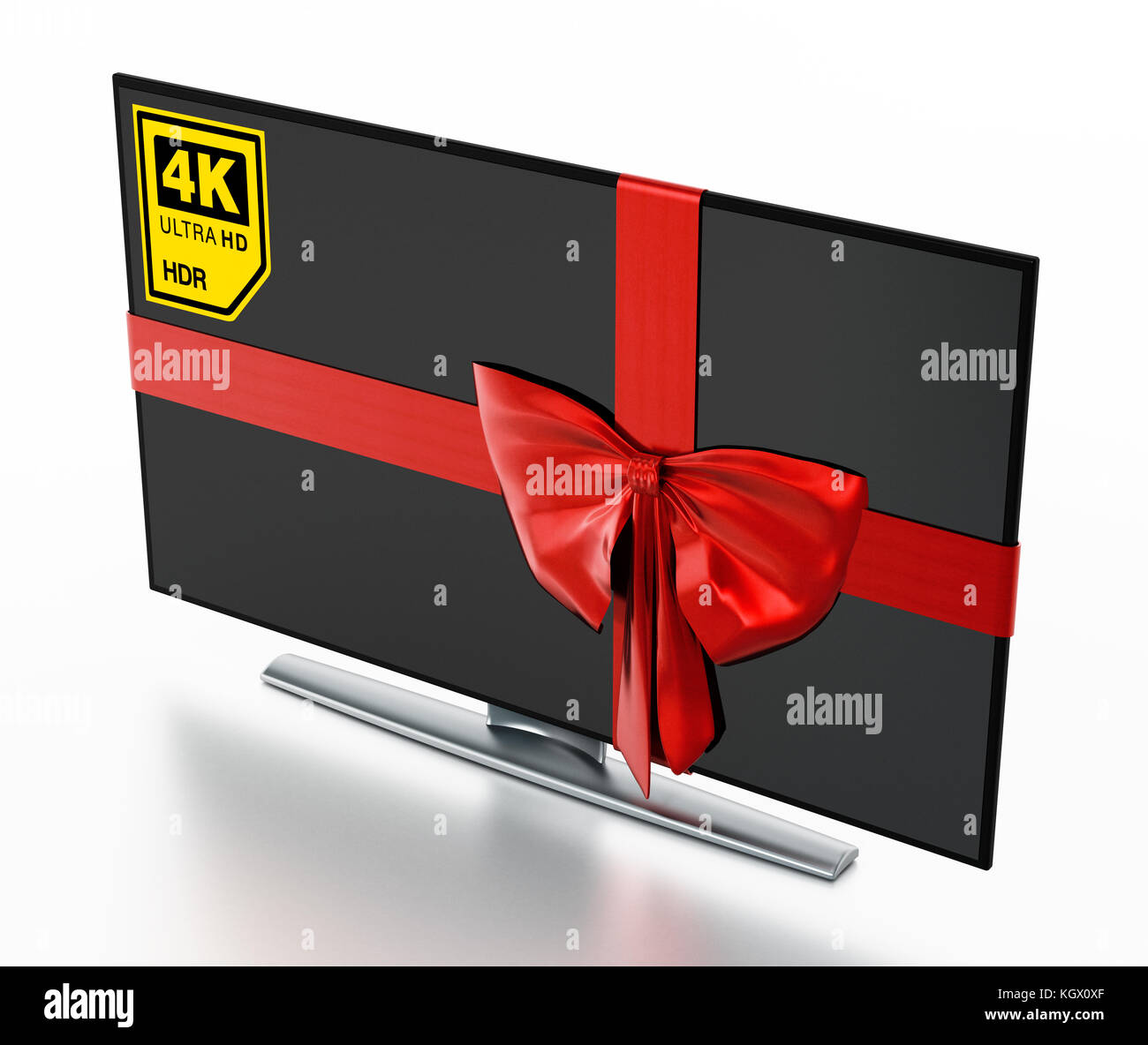 4 k Ultra-HD-TV mit roter Schleife verpackt. 3D-Darstellung. Stockfoto