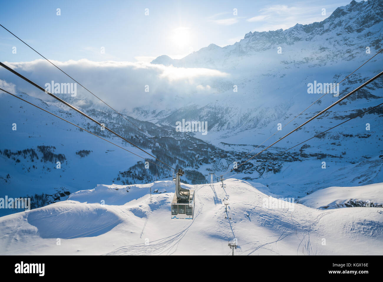 Anzeigen von breuil - Cervinia, italienische Skigebiet in den Alpen im Aostatal im Winter Stockfoto