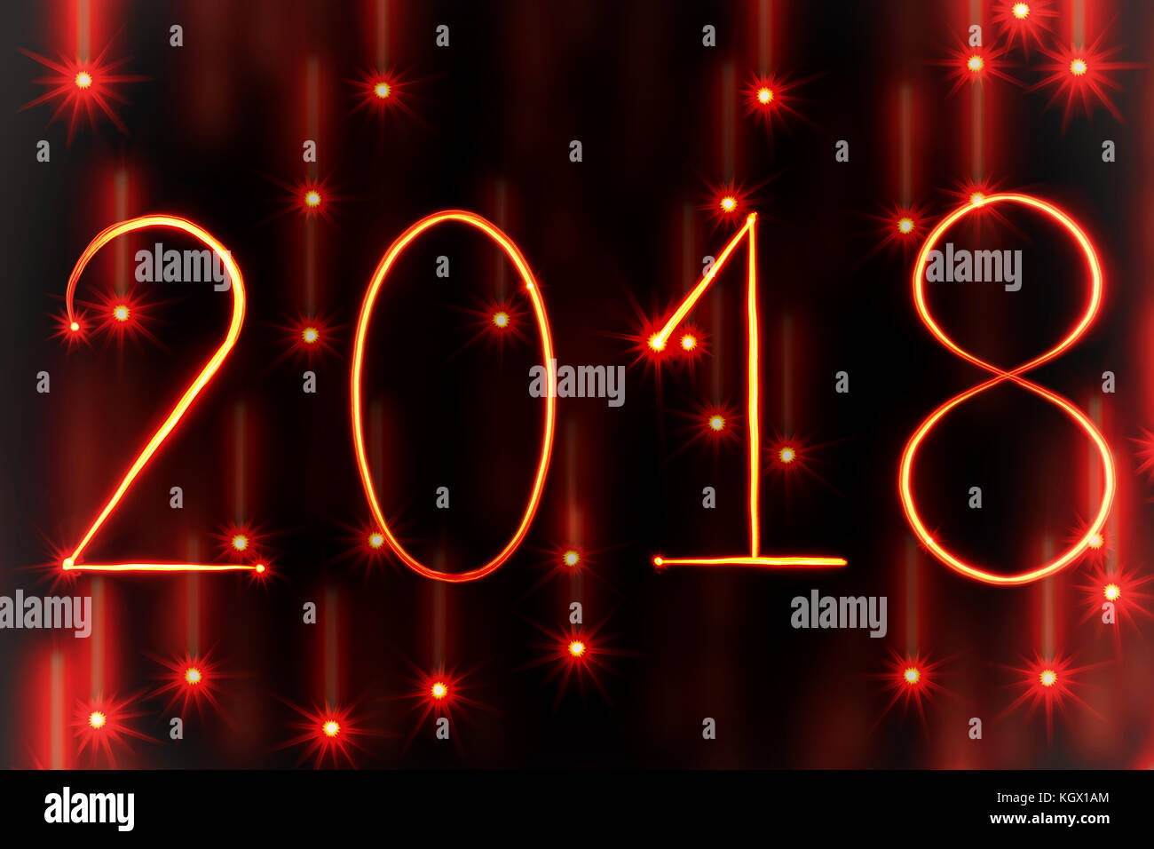 Rotes Licht Malerei neues Jahr 2018 Sternenhimmel auf rotem Hintergrund Stockfoto