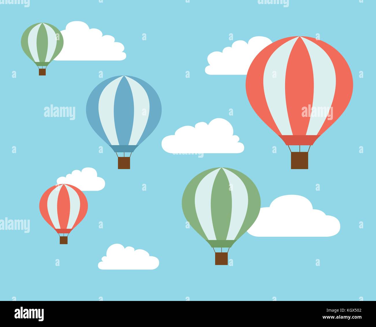 Flaches Design Illustration von bunten fliegenden Heißluftballons auf blauer Himmel mit weißen Wolken-Vektor Stock Vektor