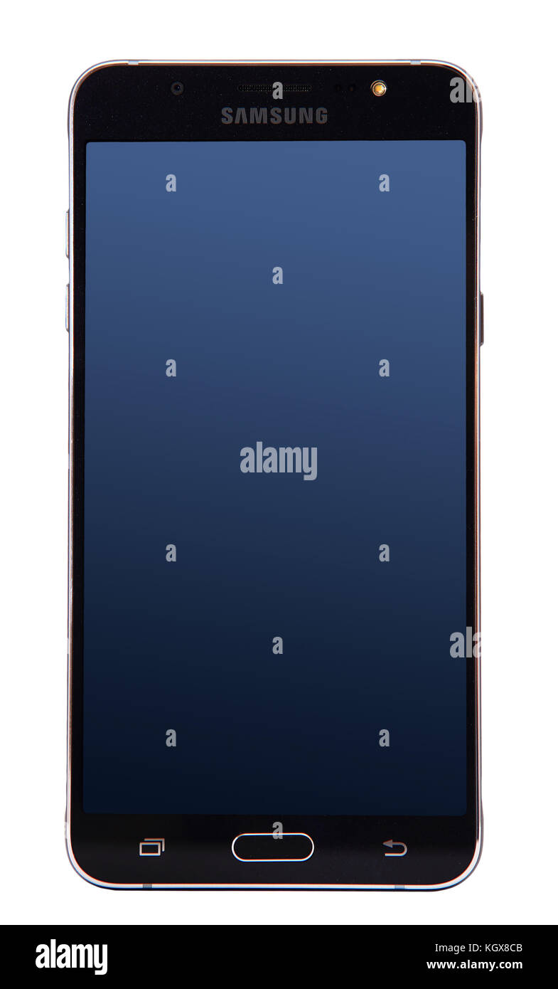 New York, USA - 29. Oktober 2017: Samsung Galaxy J7 Smartphone Vorderseite isoliert auf weißem Hintergrund. Stockfoto