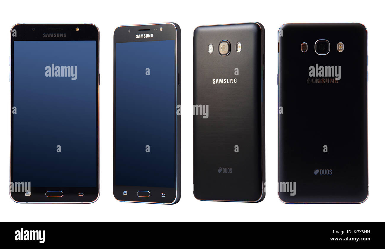 New York, USA - 29. Oktober 2017: Perspektivische Ansicht von vorne hinten auf dem Samsung Galaxy J7 Smartphone. Verschiedene Seiten des Samsung Galaxy J7 Smartphones isolieren Stockfoto