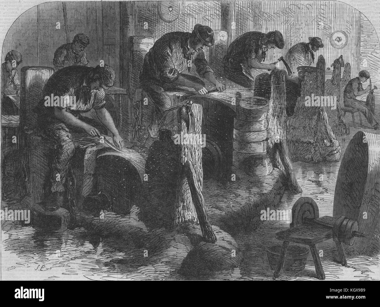 Die Sheffield Steel fertigt. Tabelle - Messer schleifen. Yorkshire 1866. Die Illustrated London News Stockfoto