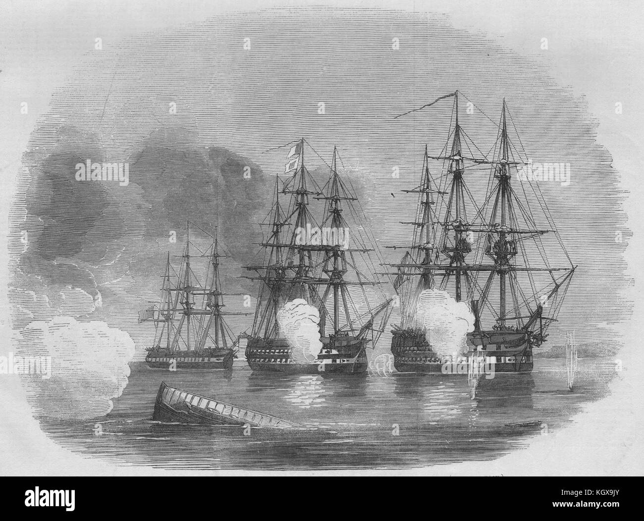 HMS Hastings, Cornwallis & Amphion nach Sandhamn Batterien. Schweden 1855. Die Illustrated London News Stockfoto