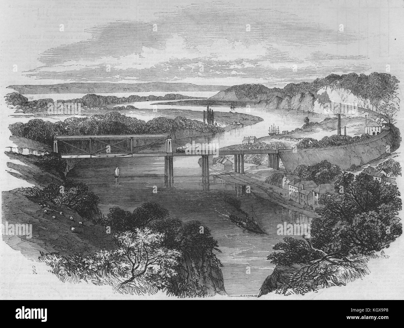 South Wales Railway. Chepstow Tubular Suspension Bridge. Severn Zusammenfluss 1852. Die Illustrated London News Stockfoto