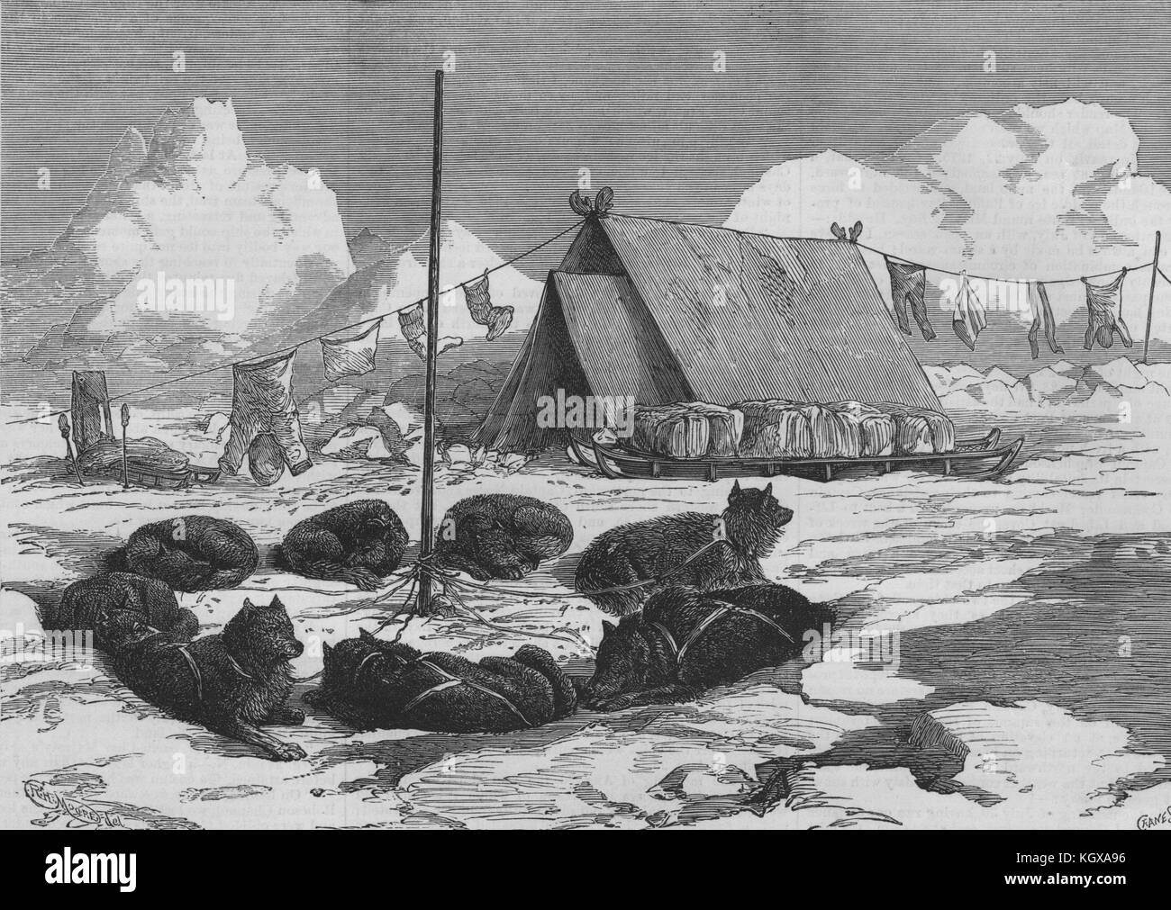 Nordpol Expedition. Schlitten reisen Befestigung Hunde im Camp. Arktis 1876. Die Illustrated London News Stockfoto
