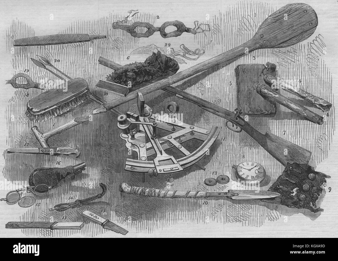 Franklin Expedition Reliquien Paddel Schutzbrille Gun Chronometer Sextant Snuffbox 1859. Die Illustrated London News Stockfoto