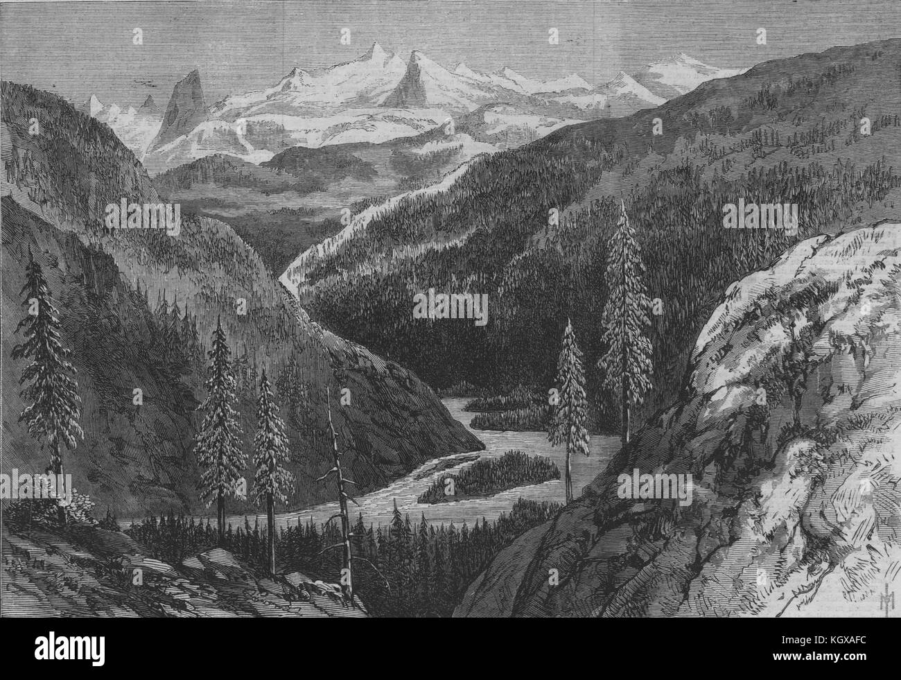 British Columbia. Tal unterhalb der verunreinigen, Leiter der Bute Inlet. Kanada 1868. Die Illustrated London News Stockfoto