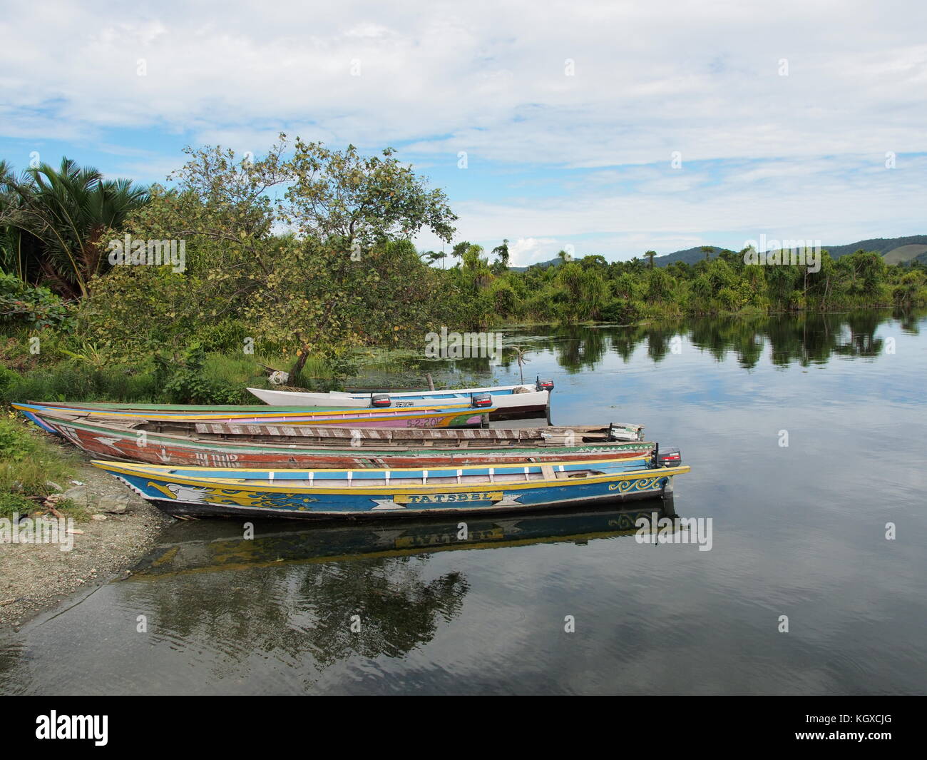 Bunte Boote am See sentani, Papua Stockfoto