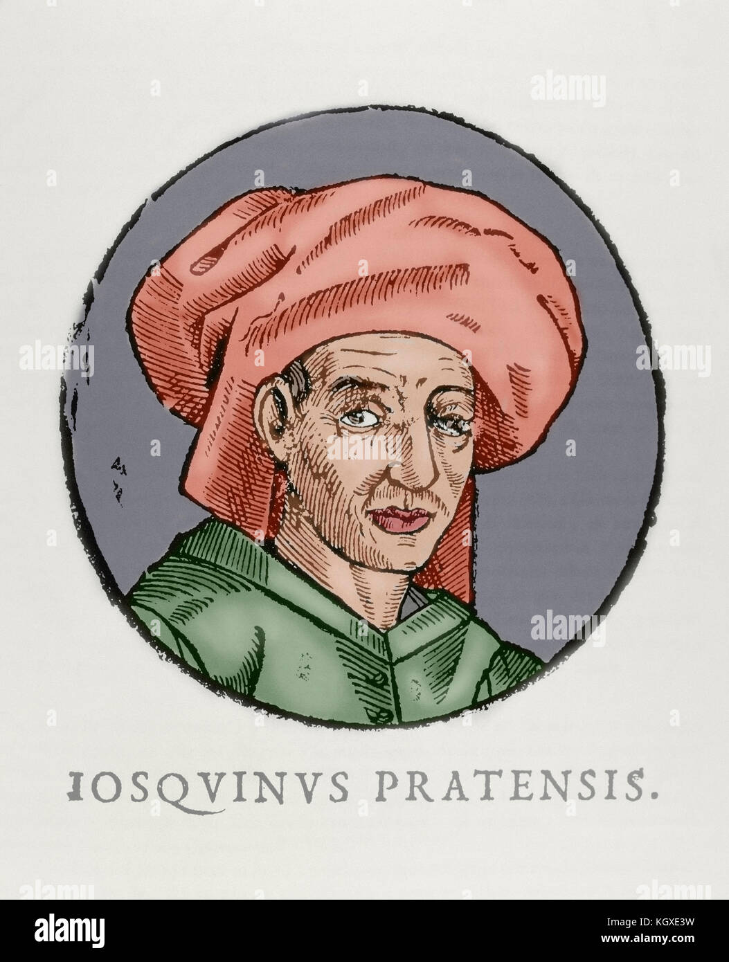 Josquin des Prés (ca. 1450-1521). Der französische Komponist. Gravur nach einem Portrait in der Kathedrale von Brüssel. Gefärbt. Stockfoto
