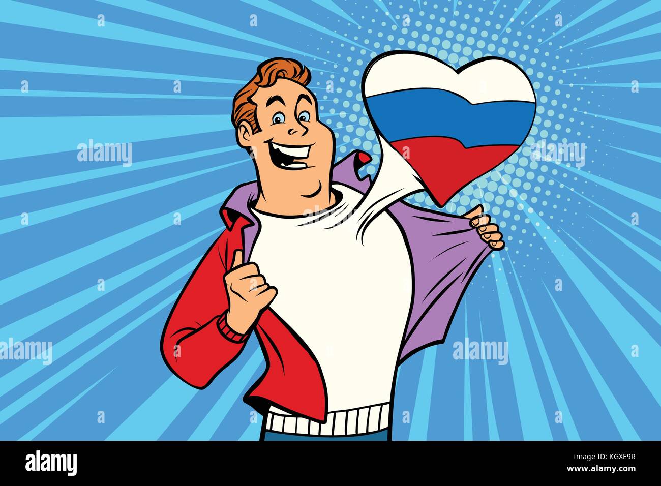 Sport liebt Russland. Herz mit Flagge des Landes. comic Cartoon Stil pop art Illustration Vektor retro Stock Vektor