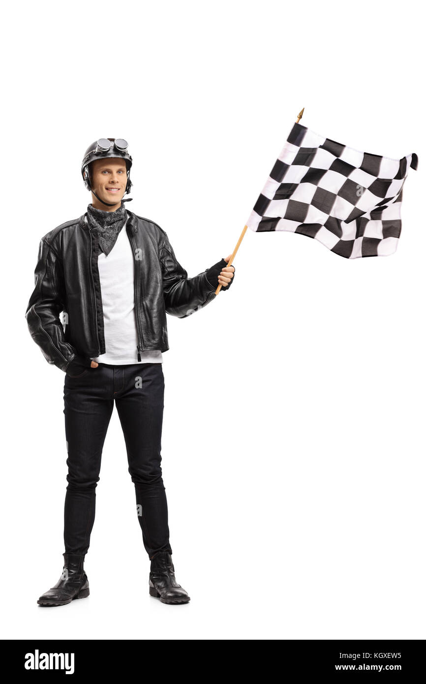 In voller Länge Porträt einer Biker winkt ein Rennen mit karierten Flagge auf weißem Hintergrund Stockfoto