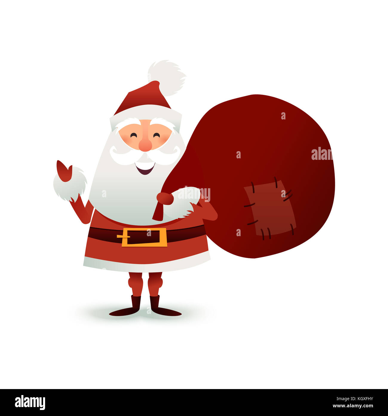 Weihnachtsmann mit Sack voller Geschenk- und Geschenkschachteln. Frohe Weihnachten Vater Cartoon-Figur. Niedlicher Weihnachtsmann für das Weihnachtsdesign. Grußkarte für das neue Jahr zur Einladung, herzlichen Glückwunsch. Flache Abbildung. Stockfoto
