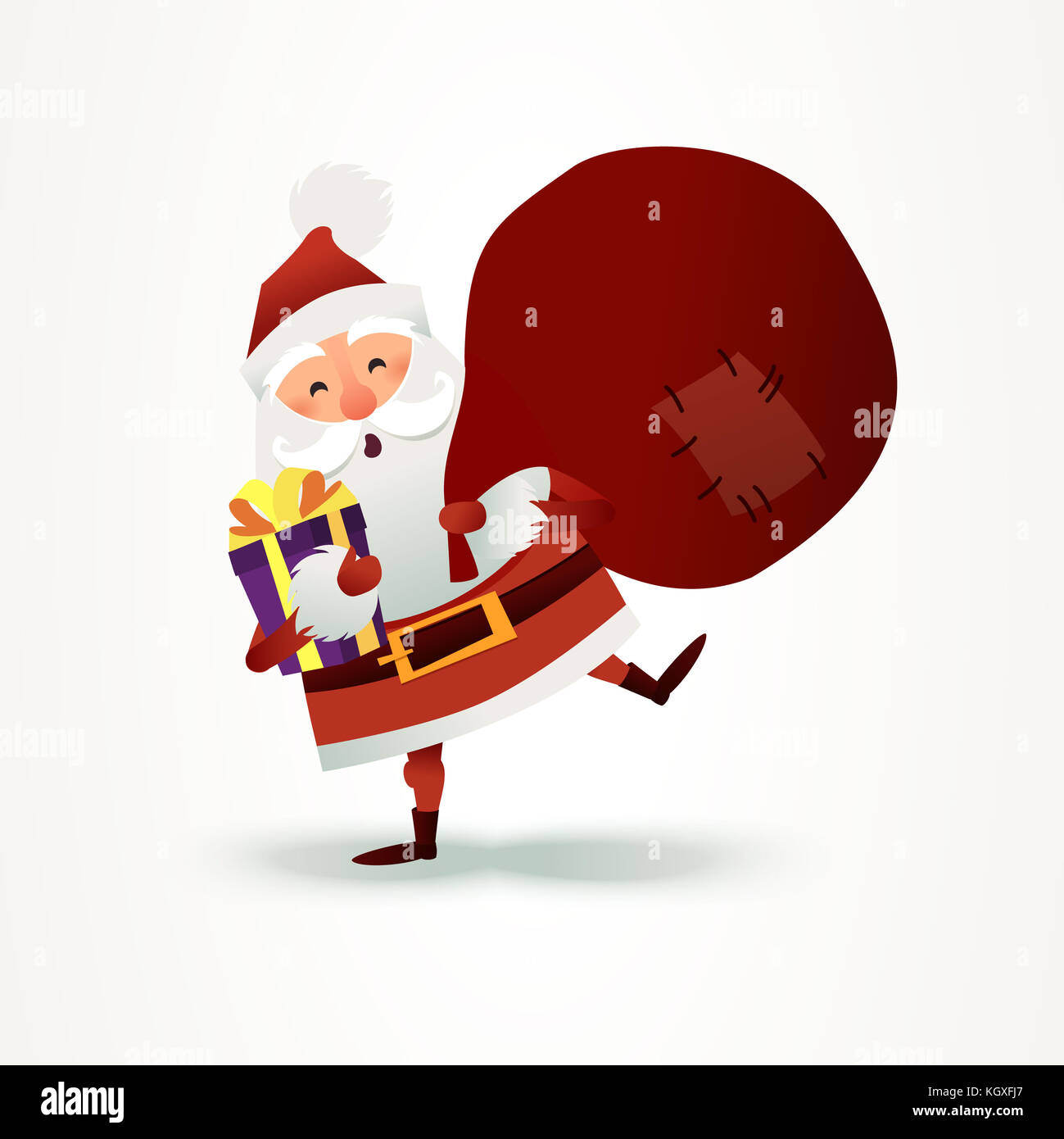 Weihnachtsmann mit Sack voller Geschenk und Geschenkbox. Frohe Weihnachten Vater Cartoon-Figur. Niedlicher Weihnachtsmann für das Weihnachtsdesign. Grußkarte für das neue Jahr zur Einladung, herzlichen Glückwunsch. Flache Abbildung. Ho, Ho, Ho Stockfoto