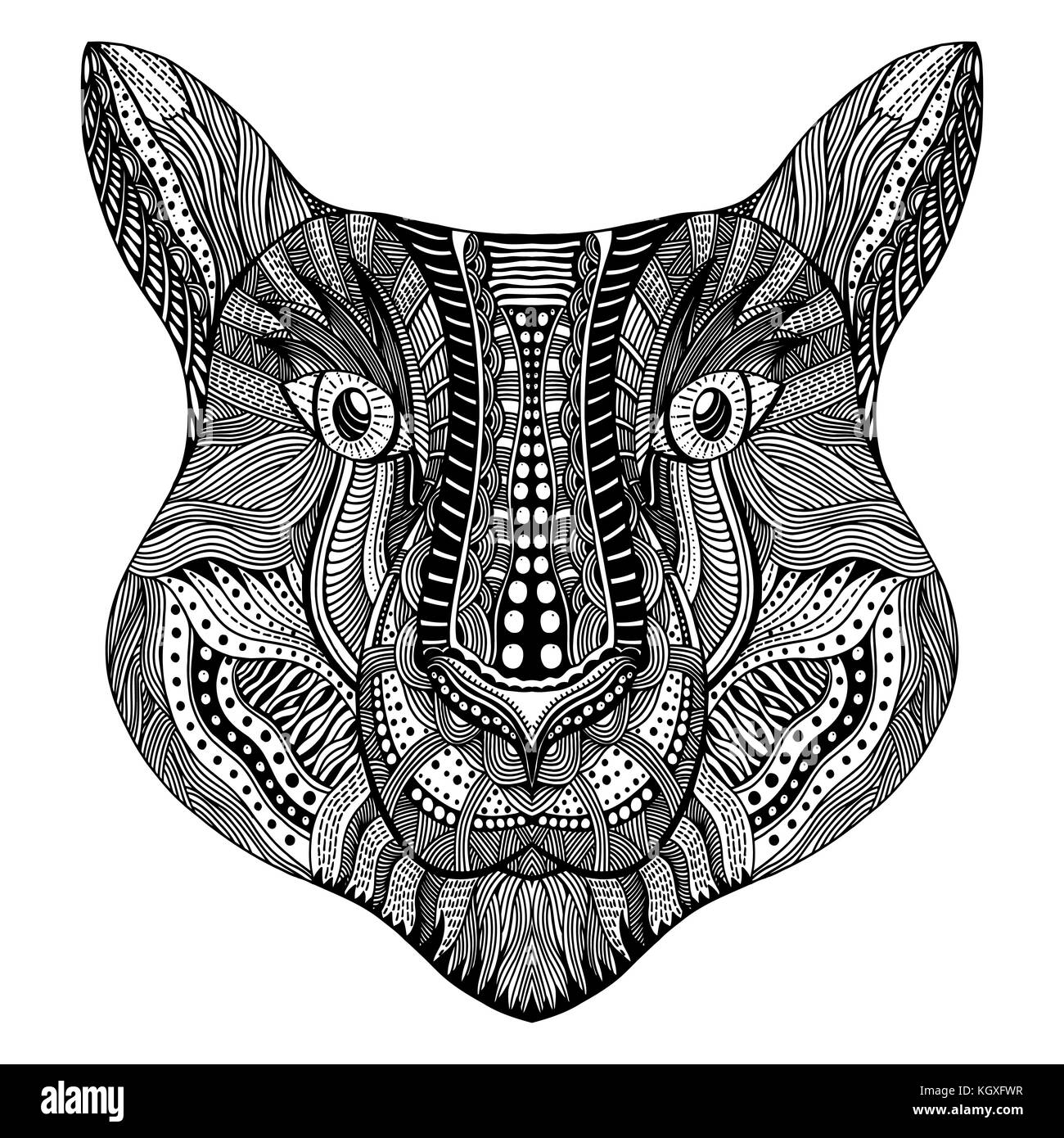 Zentangle stilisierte tiger Gesicht. Hand gezeichnet doodle Vector Illustration auf weißem Hintergrund. Skizze für Tattoo oder indische makhenda Design. Stock Vektor