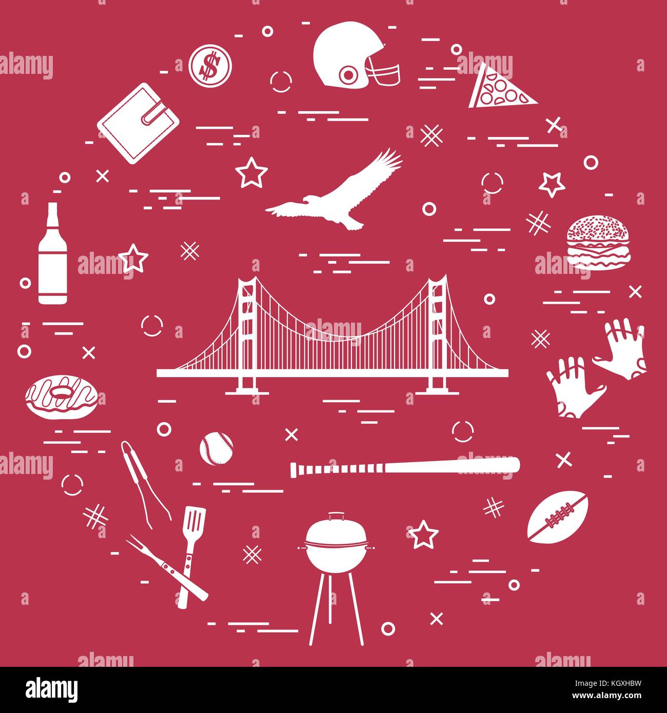 Symbole der USA: Golden Gate, Hängebrücke und Soaring Eagle, Whiskey, Donut, Portemonnaie, Dollar, Helm und Handschuhe für American Football, der Hamburger a Stock Vektor