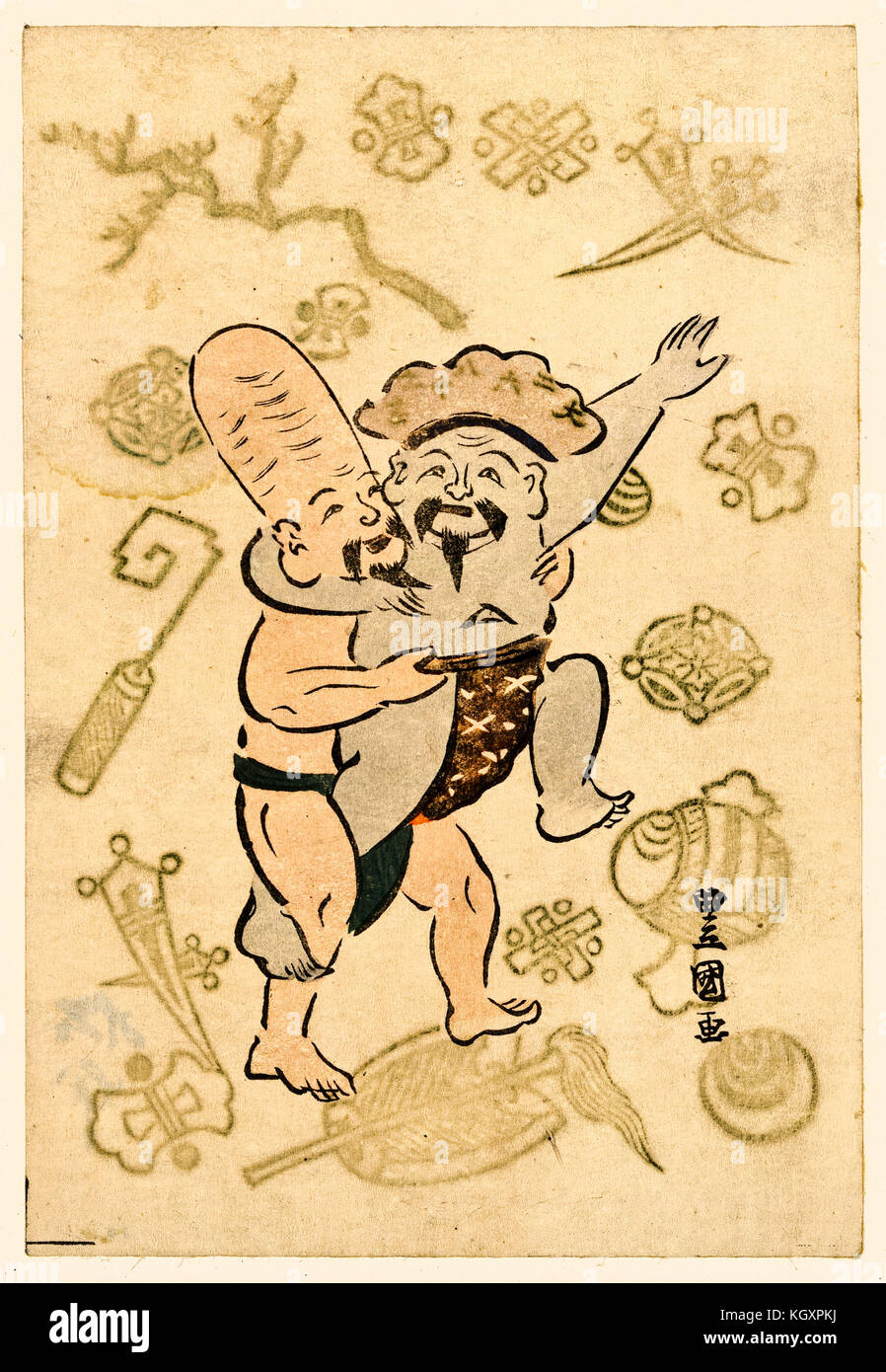 Alte Abbildung: Darstellung Daikoku und Fukurokuju (lucky Götter von Japan) als Sumo Ringer. Von Utagawa Toyokuni, Publ. ca 18931 Stockfoto