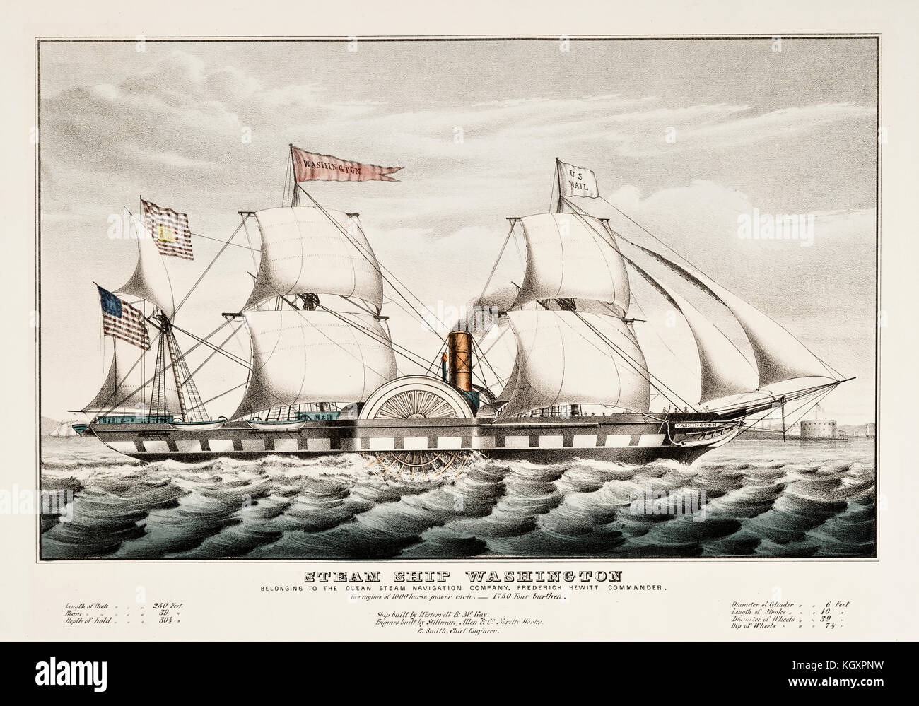 Alte Abbildung der Dampf schiff Washington. Von Currier, Publ. in New York, 1847 Stockfoto