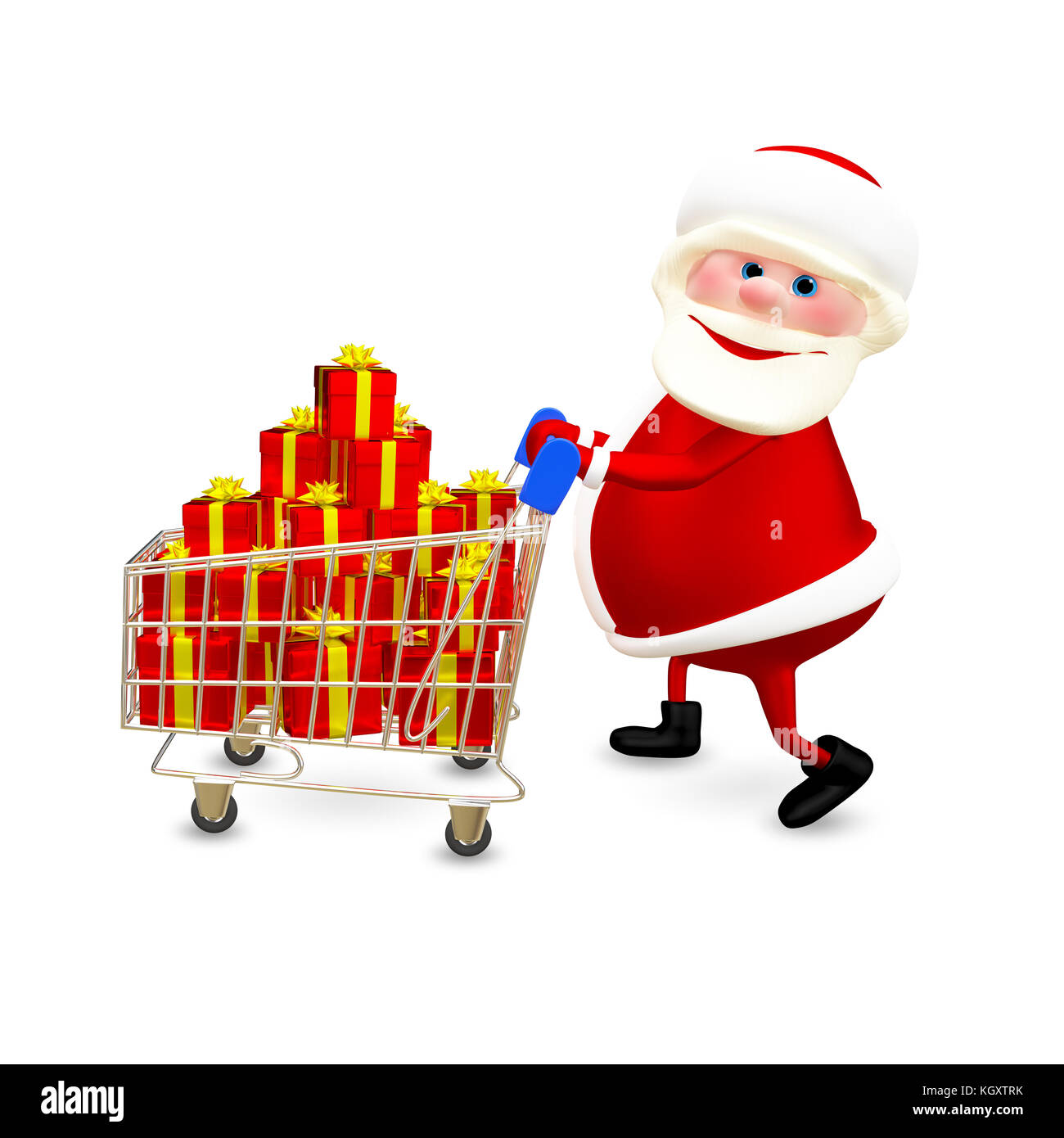 3D-Illustration Weihnachtsmann mit dem Trolley mit Geschenken auf weißem Hintergrund Stockfoto
