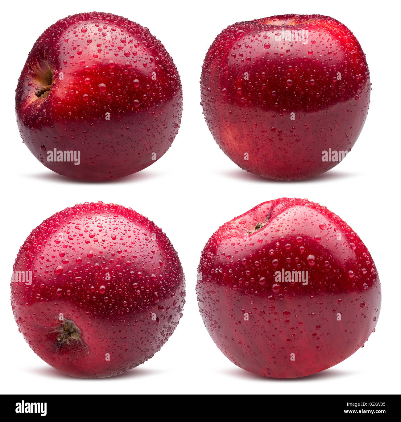 Sammlung von rote Äpfel in Wassertropfen auf einem weißen Hintergrund. Stockfoto