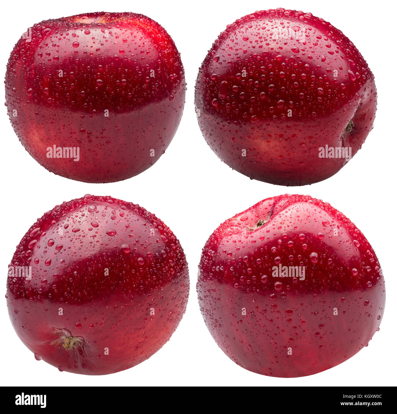 Sammlung von rote Äpfel in Wassertropfen auf einem weißen Hintergrund. Stockfoto