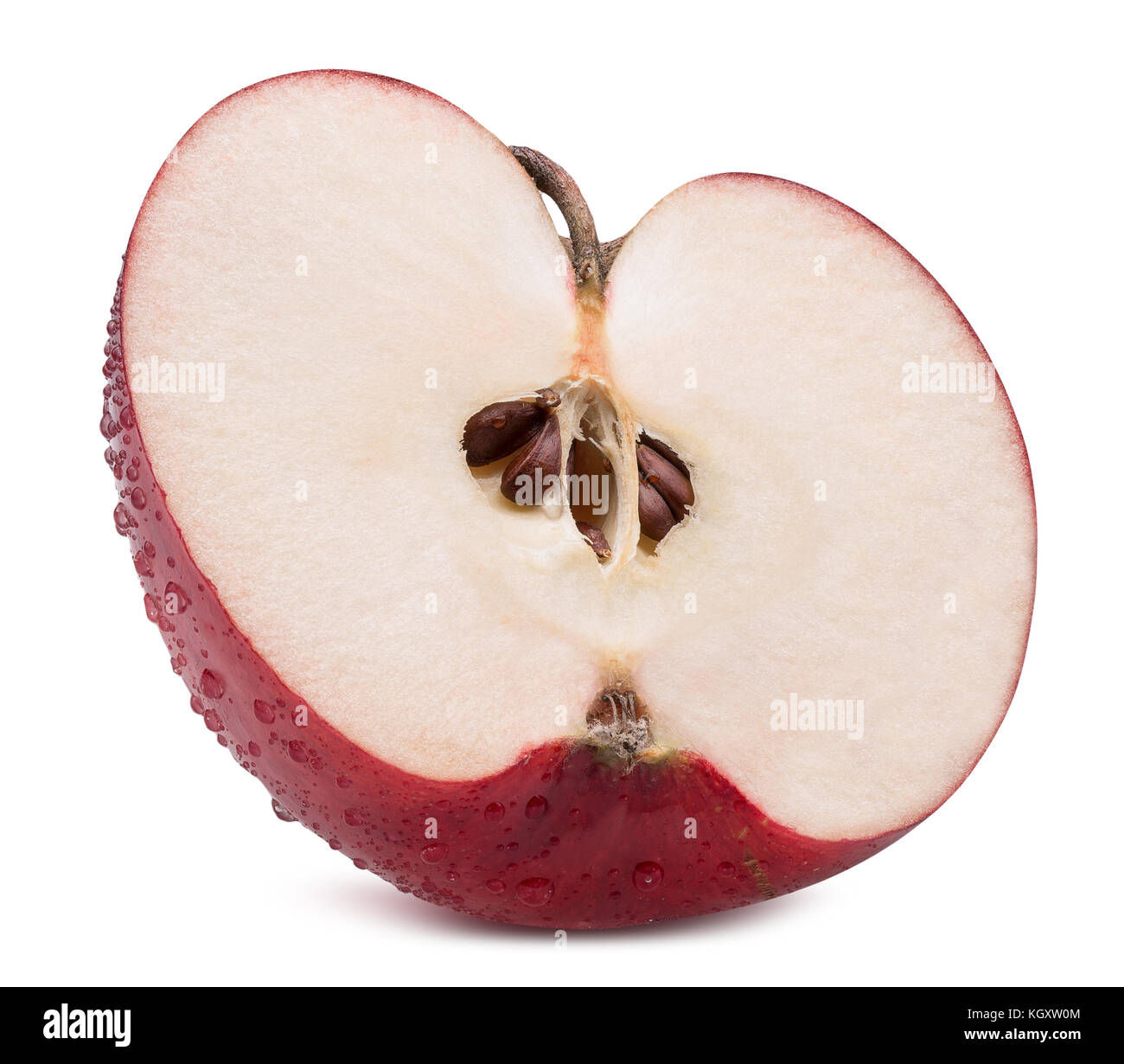 Die Hälfte der roten Apfel in Wassertropfen auf einem weißen Hintergrund. Stockfoto