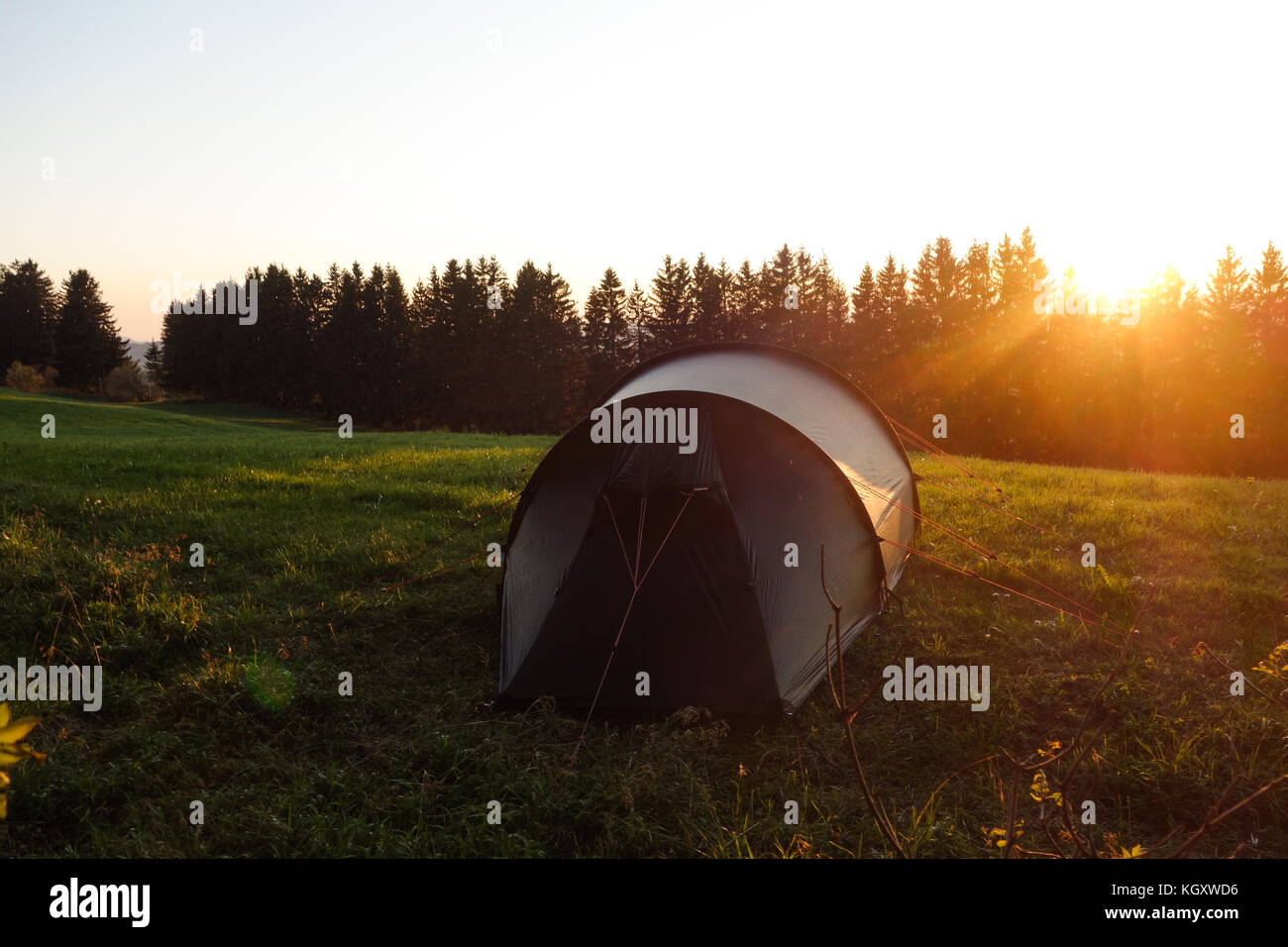 Majestic Sonnenuntergang in der Waldlandschaft mit Zelt Stockfoto