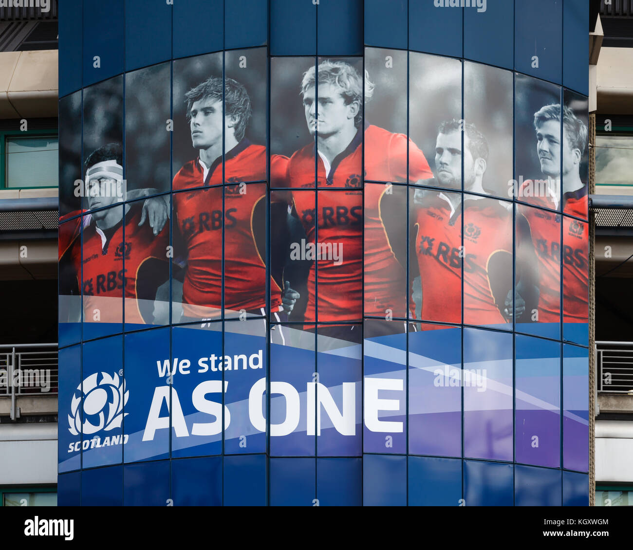 Ein wandbild an der Schottischen Rugby Team schmückt BT Murrayfield Stadium. Das Stadion ist die Heimat der Schottischen Rugby Union. Stockfoto