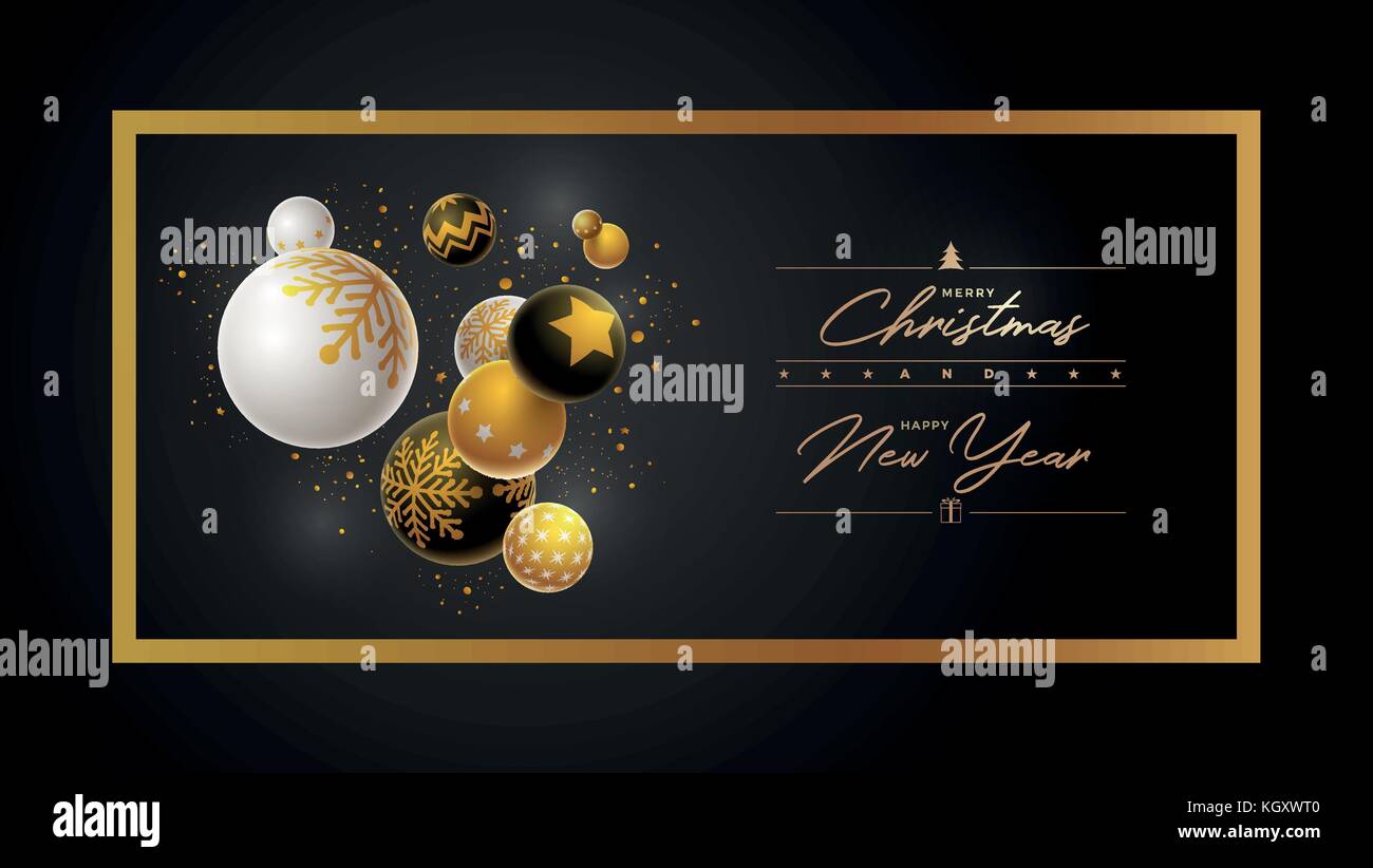 Abstrakte Weihnachten und Neujahr Grußkarte Design mit 3d-weiß, schwarz und gold Weihnachtskugeln. Elemente separat in Vektordatei übereinandergelegt werden. Stock Vektor