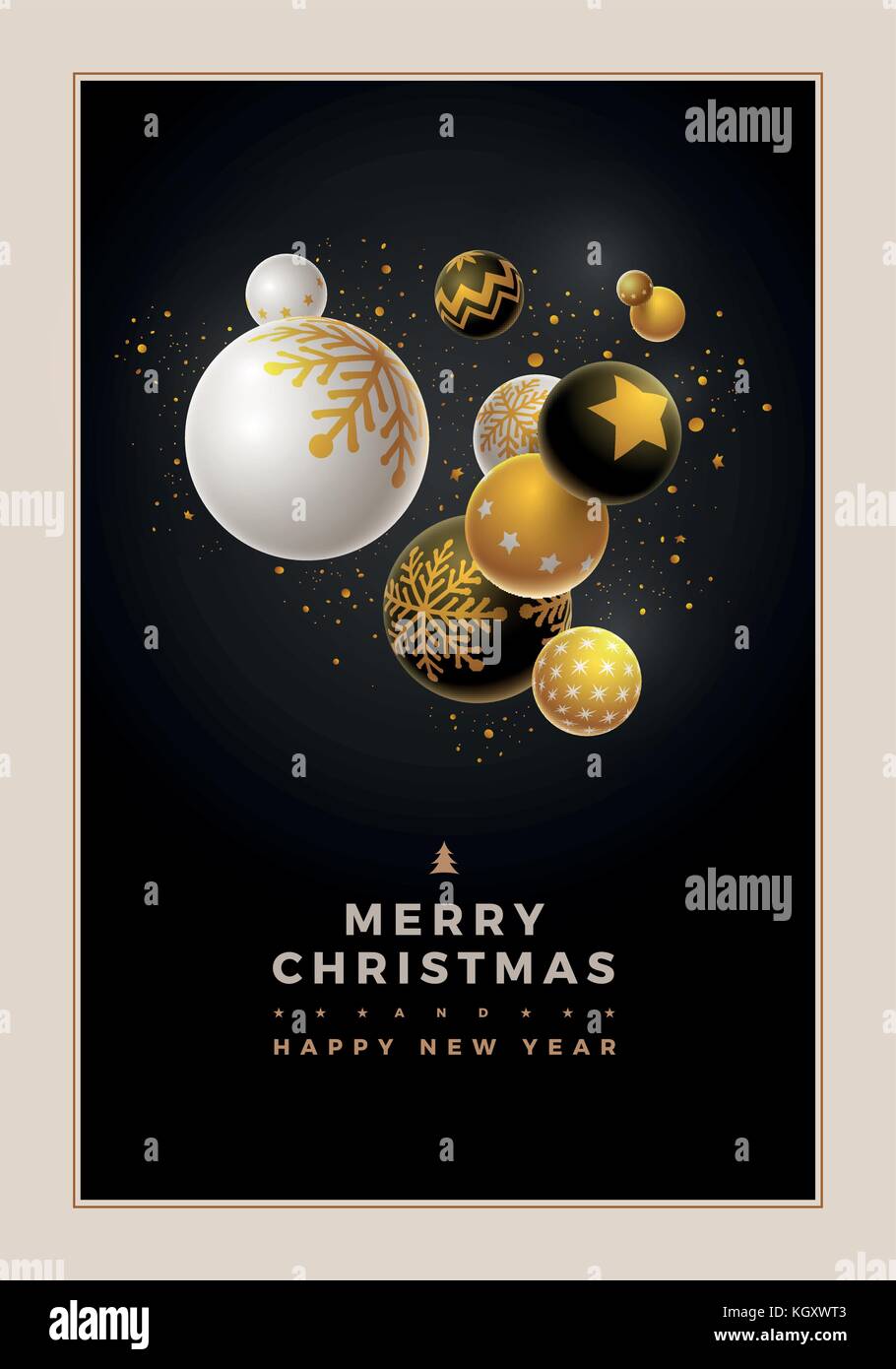 Abstrakte Weihnachten und Neujahr Grußkarte Design mit 3d-weiß, schwarz und gold Weihnachtskugeln. Elemente separat in Vektordatei übereinandergelegt werden. Stock Vektor