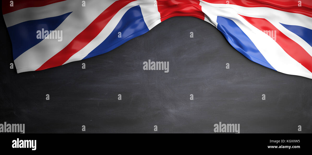 Britische Flagge auf dem Hintergrund der Schwarzen Tafel mit Copyspace, 3D-Abbildung Stockfoto