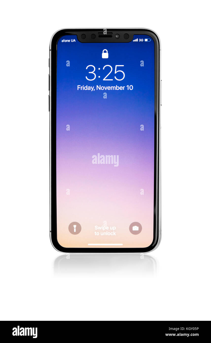 Neues iPhone X 10 auf weißem Hintergrund, Studioaufnahme. Stockfoto