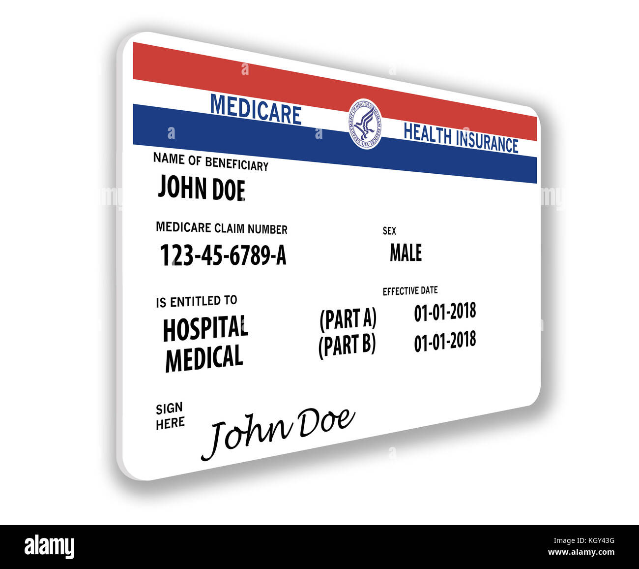 Medicare Krankenversicherungskarte. Dies ist eine verspottete Medicare-Karte von John Doe. Stockfoto